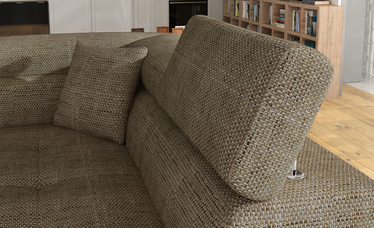 Zagłówek i poduszka narożnika Anton Berlin 03 ciemnobeżowy / Soft 66 brązowy – detal wykończenia.