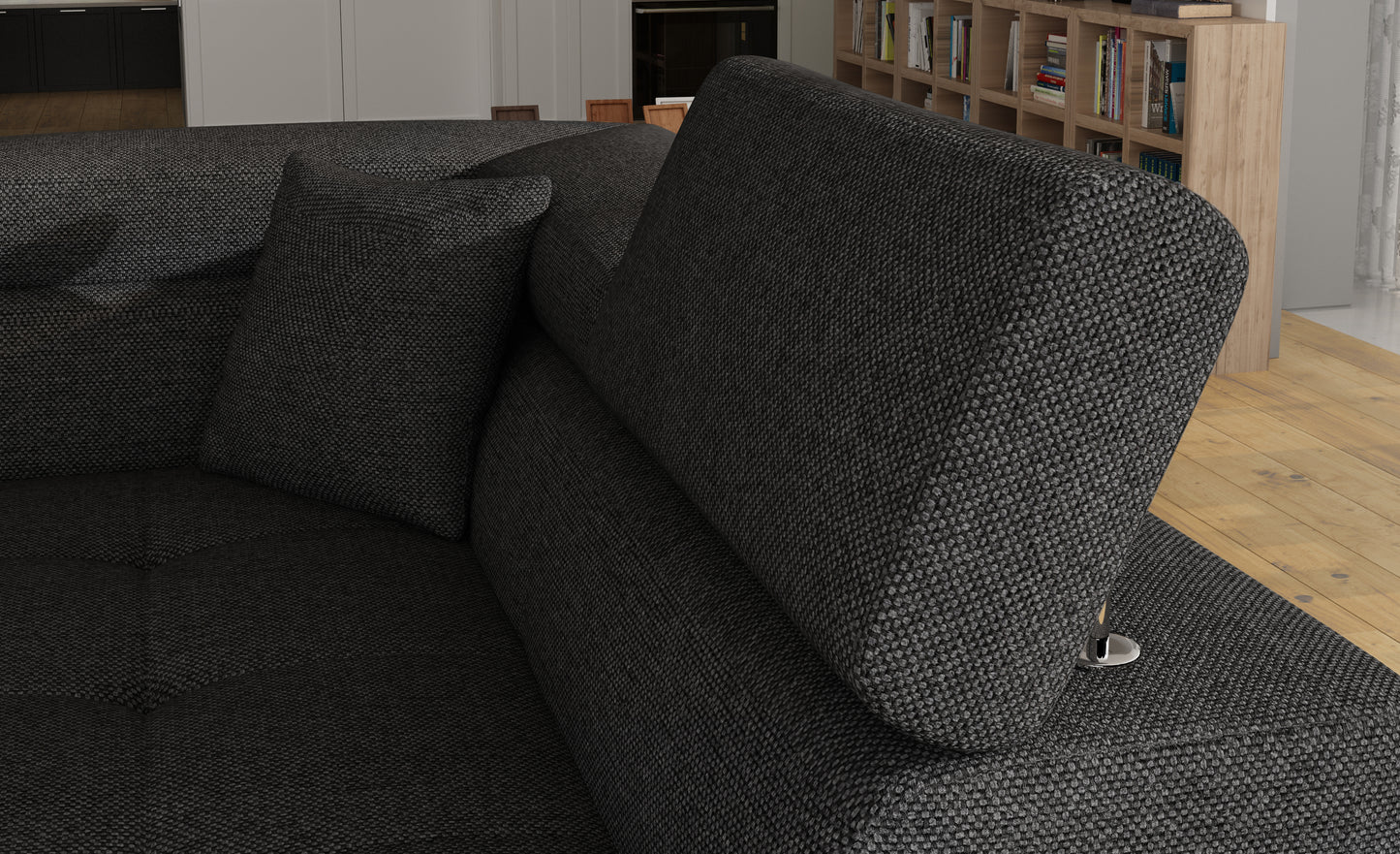 Zagłówek i poduszka narożnika Anton Inari 96 ciemnoszary / Soft 29 szary – detal wykończenia.