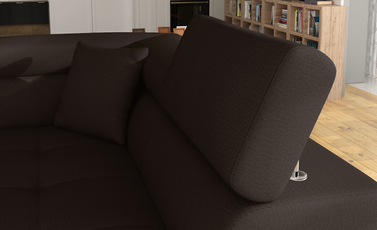 Zagłówek i poduszka narożnika Anton Monolith 29 brązowy / Monolith 09 jasnobrązowy – detal wykończenia.