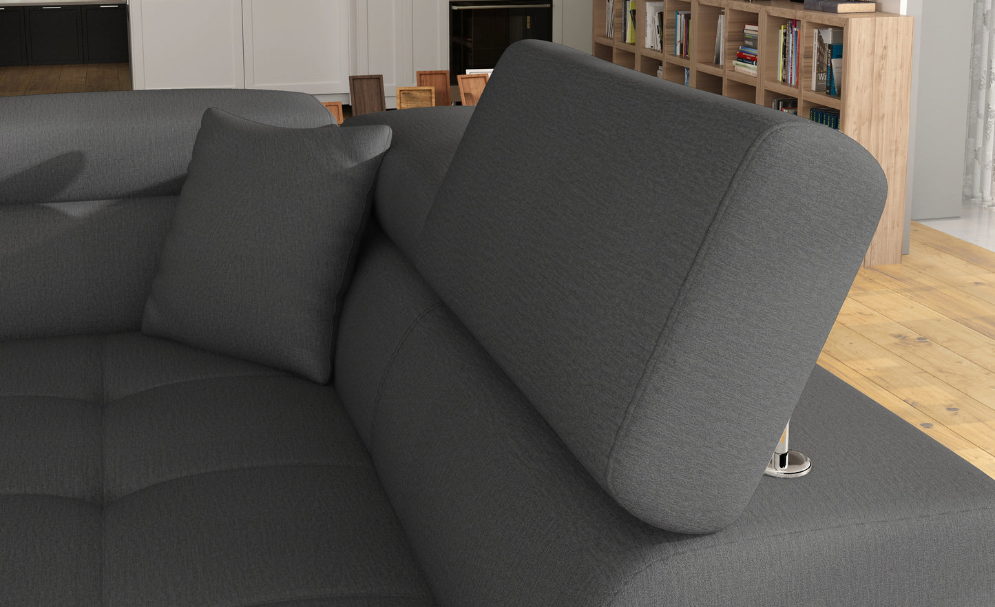 Zagłówek i poduszka narożnika Anton Monolith 97 ciemnoszary / Monolith 84 jasnoszary – detal wykończenia.