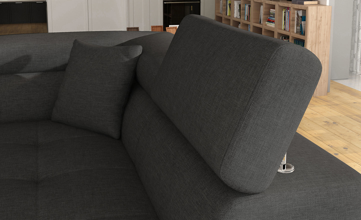 Zagłówek i poduszka narożnika Anton Sawana 05 ciemnoszary / Soft 17 biały – detal wykończenia.