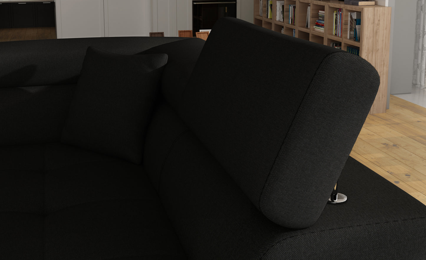 Zagłówek i poduszka narożnika Anton Sawana 14 czarny – detal wykończenia.