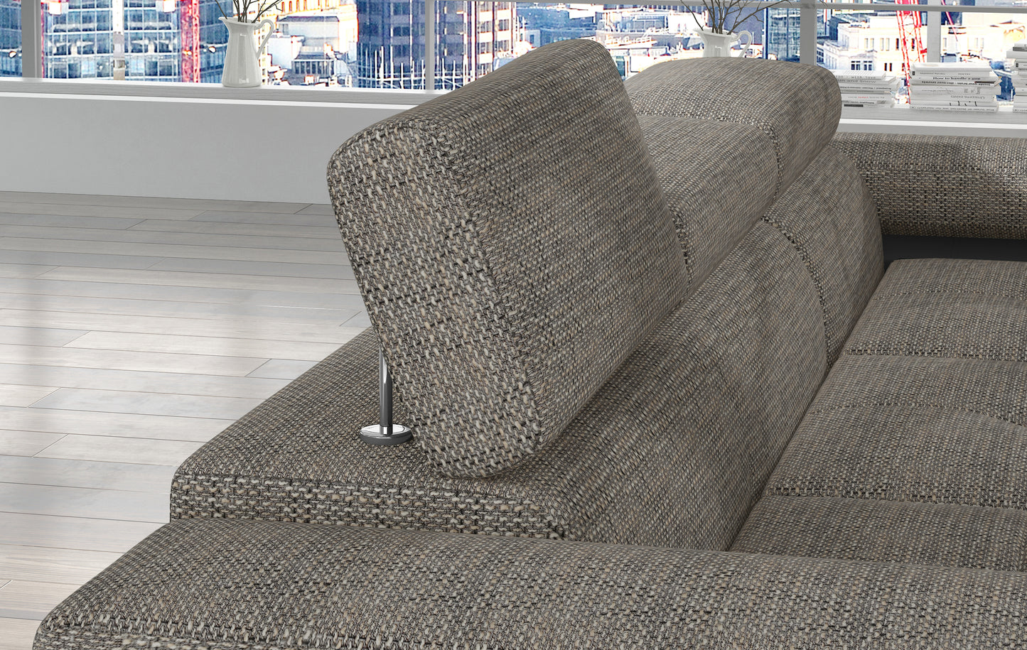 Regulowany zagłówek narożnika Armando w tkaninie Berlin 01 szary – detal mechanizmu i miękkiego wykończenia.