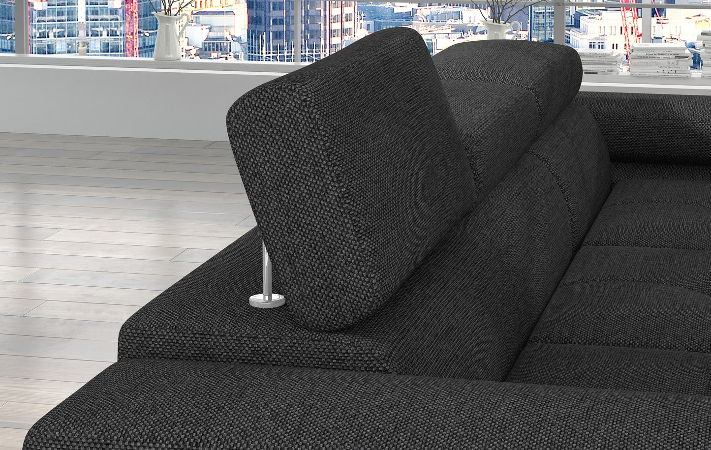 Regulowany zagłówek narożnika Armando w tkaninie Inari 96 ciemnoszary – detal mechanizmu i miękkiego wykończenia.