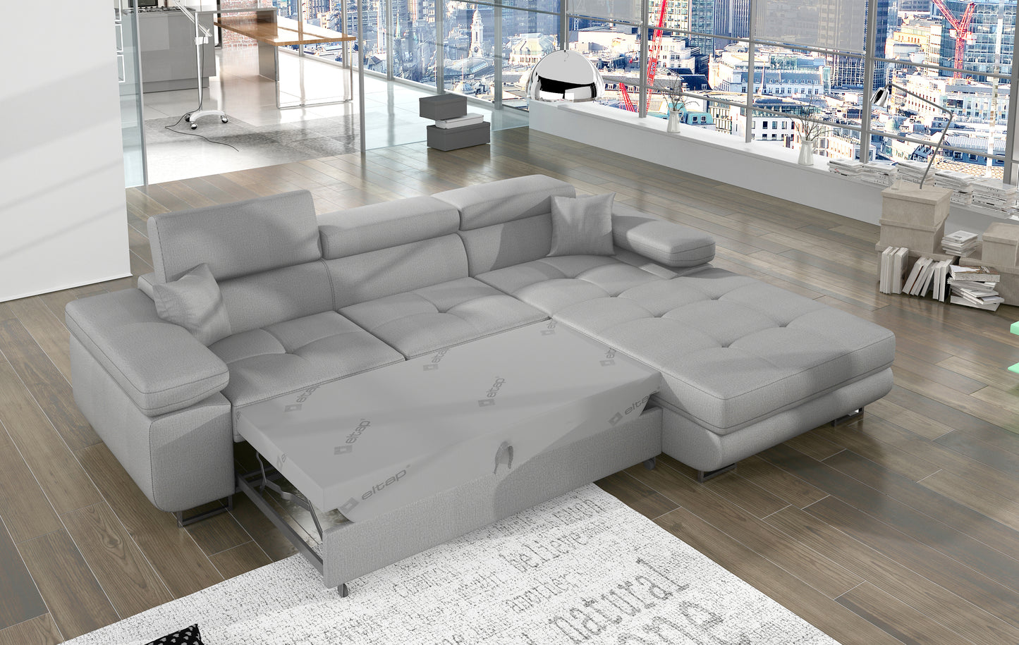 Narożnik Armando Monolith 84 jasnoszary – pokaz funkcji spania z wysuniętym mechanizmem, ujęcie z góry.