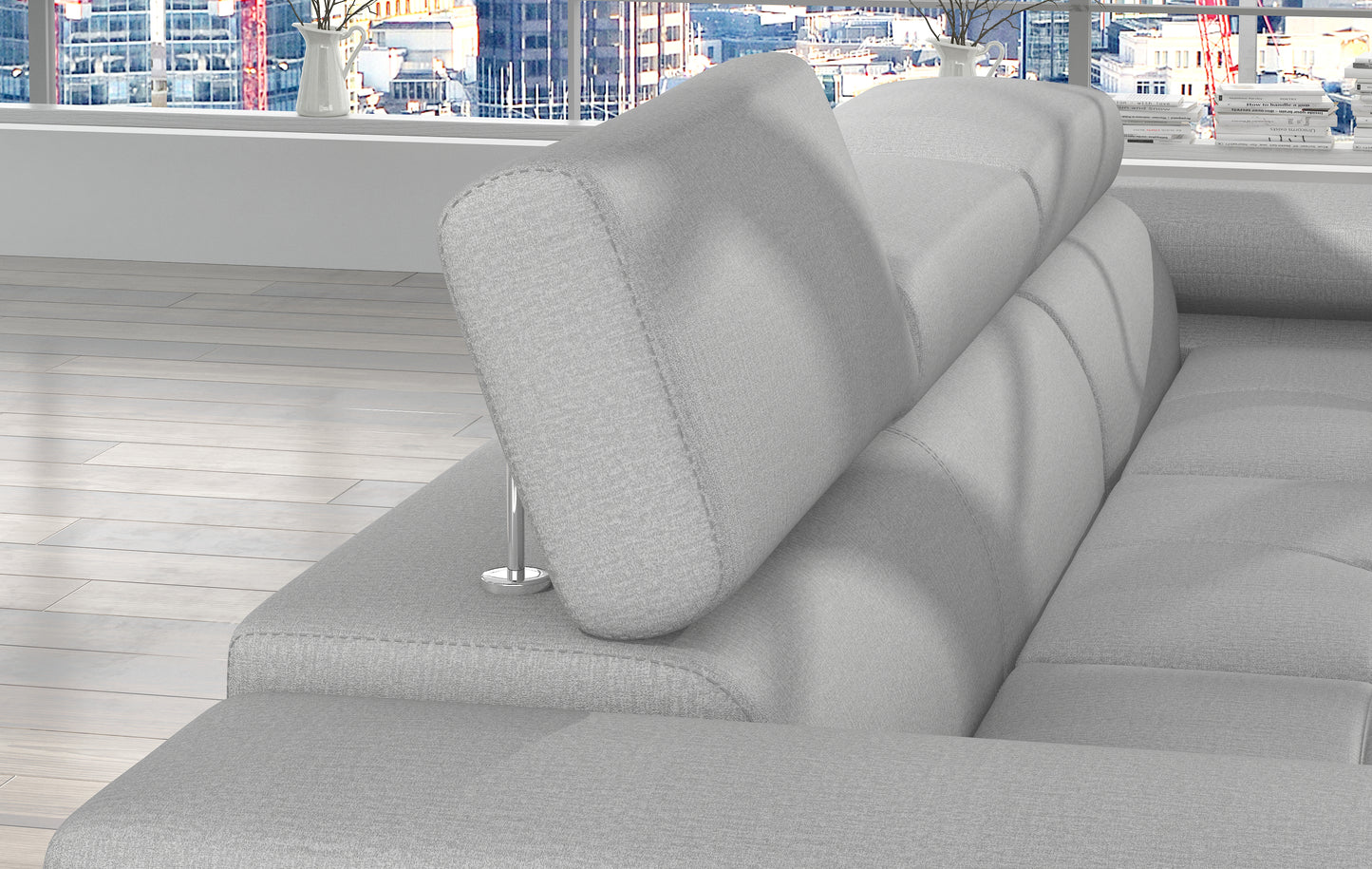 Regulowany zagłówek narożnika Armando w tkaninie Monolith 84 jasnoszary – detal mechanizmu i miękkiego wykończenia.