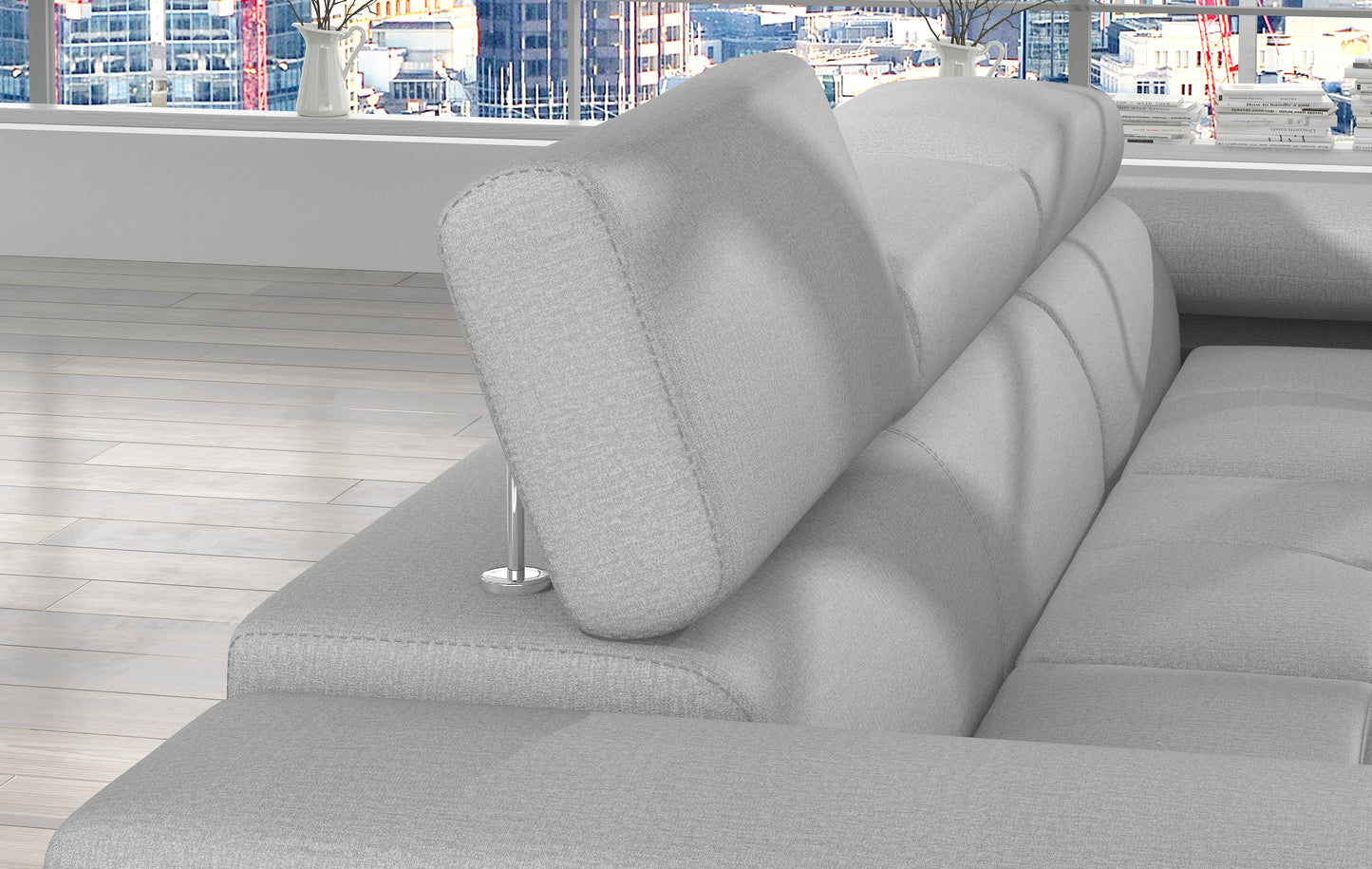 Regulowany zagłówek narożnika Armando w tkaninie Monolith 84 jasnoszary – detal mechanizmu i miękkiego wykończenia.