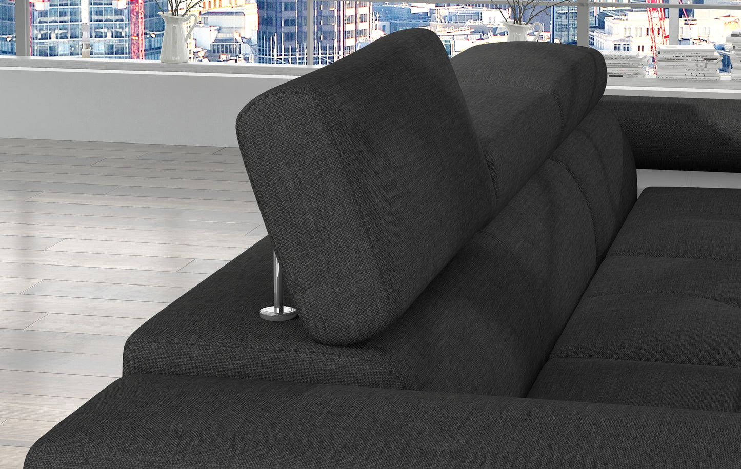 Regulowany zagłówek narożnika Armando w tkaninie Sawana 05 ciemnoszary – detal mechanizmu i miękkiego wykończenia.