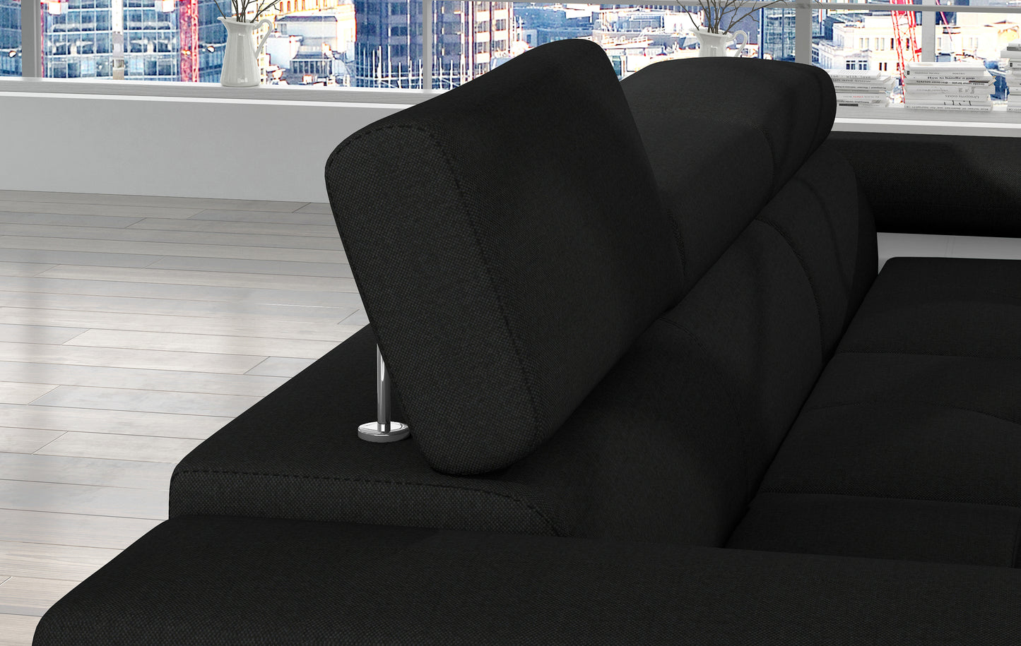 Regulowany zagłówek narożnika Armando w tkaninie Sawana 14 czarny – widok mechanizmu i faktury tapicerki.