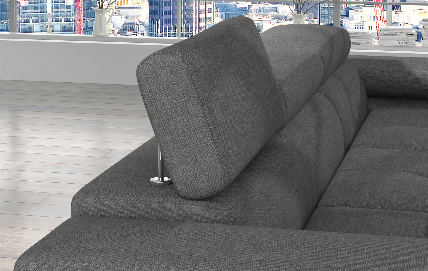 Regulowany zagłówek narożnika Armando w tkaninie Sawana 21 szary – detal mechanizmu i miękkiego wykończenia.