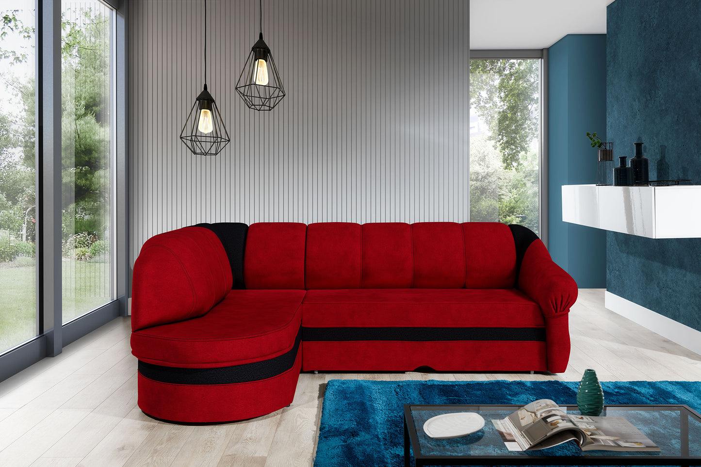 Narożnik Benano w aranżacji salonu, czerwony Alova 46 z czarnymi wstawkami Alova 04