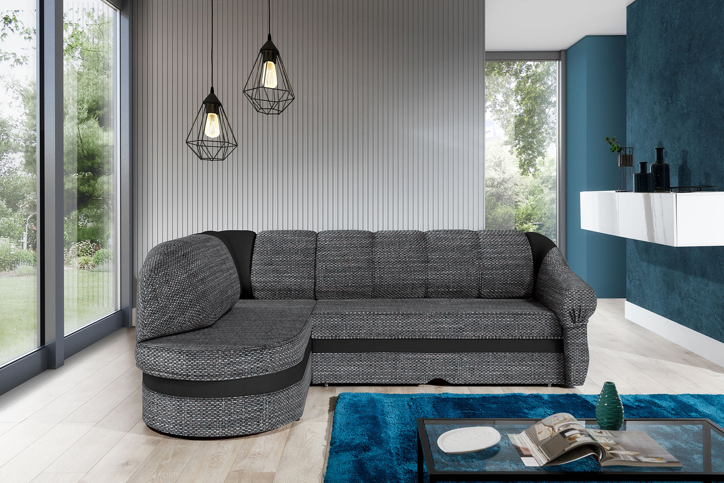 Narożnik Benano w salonie, Berlin 01 szary i Soft 11 czarny, widok z przodu