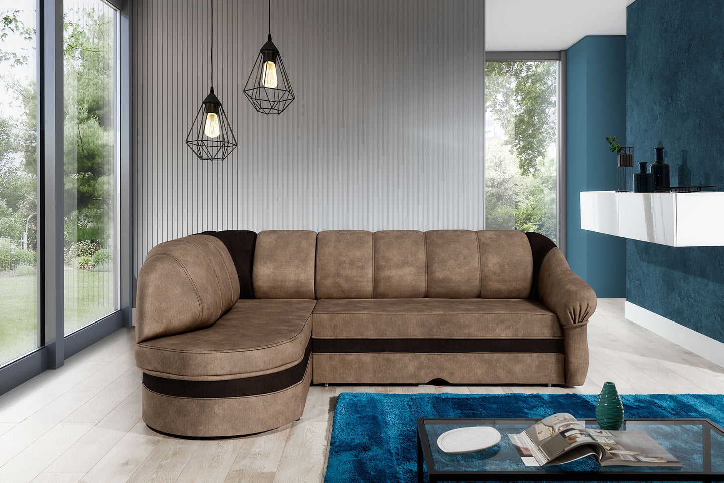 Narożnik Benano w salonie, Monolith 09 jasnobrązowy i Monolith 29 brązowy, widok z przodu