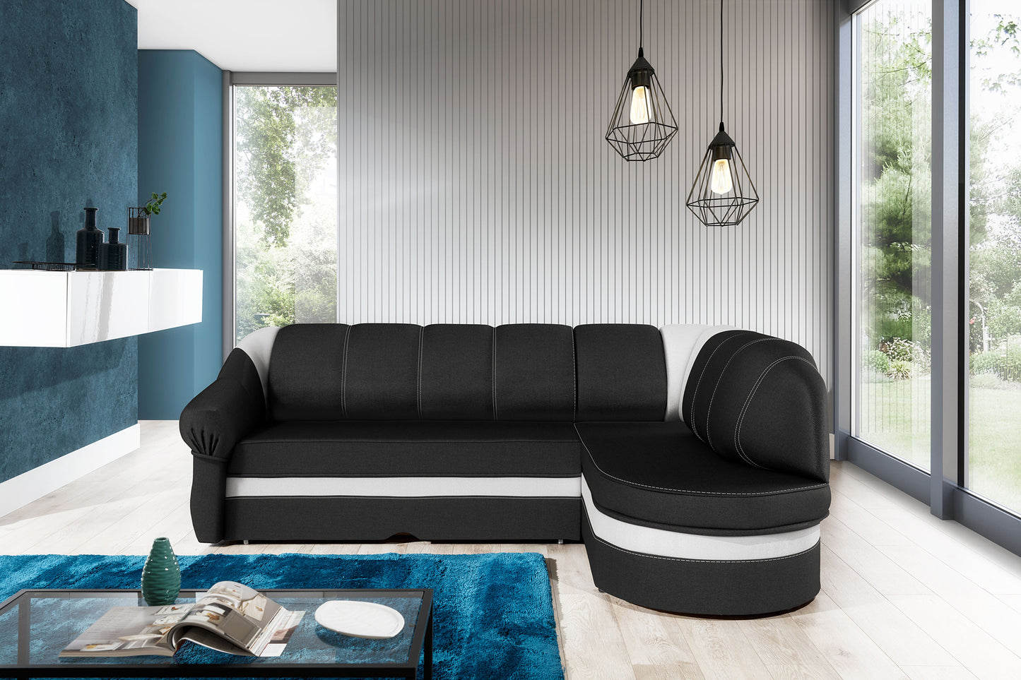 Narożnik Benano w aranżacji salonu, czarny Sawana 14 z białym wykończeniem Soft 17