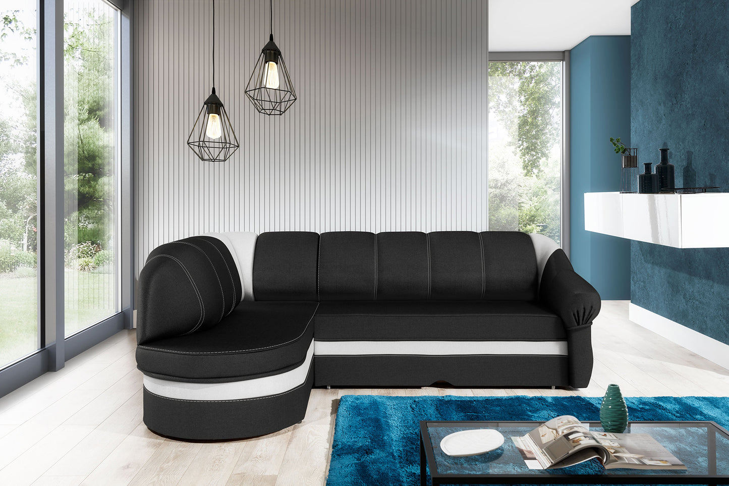 Narożnik Benano w salonie, Sawana 14 czarny i Soft 17 biały, widok z przodu