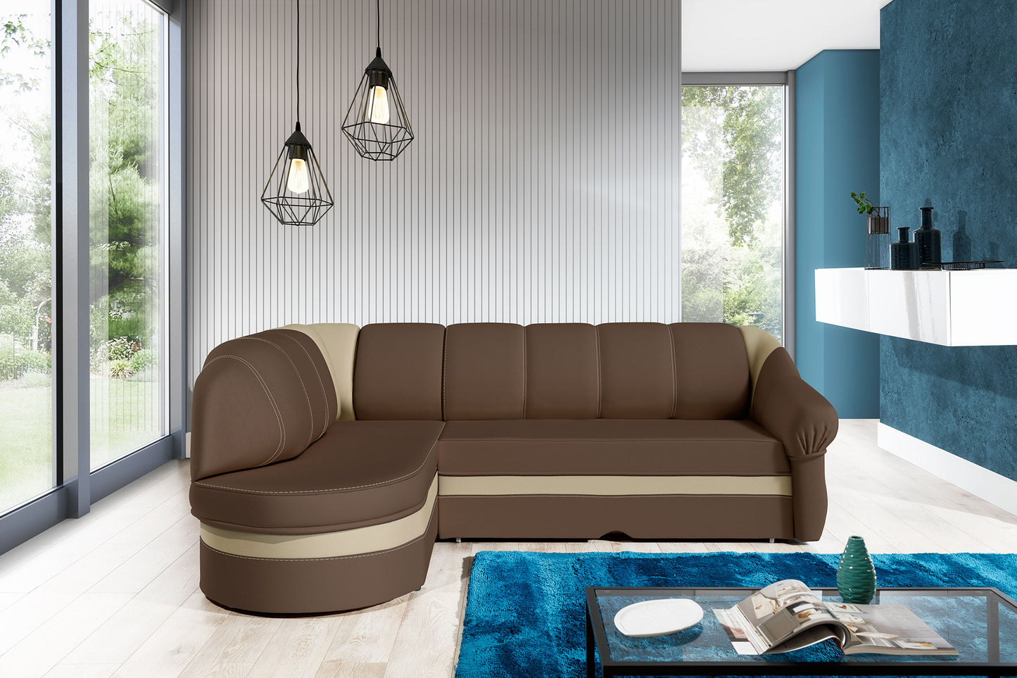 Narożnik Benano w salonie, Soft 15 brązowy i Soft 18 beżowy, widok z przodu