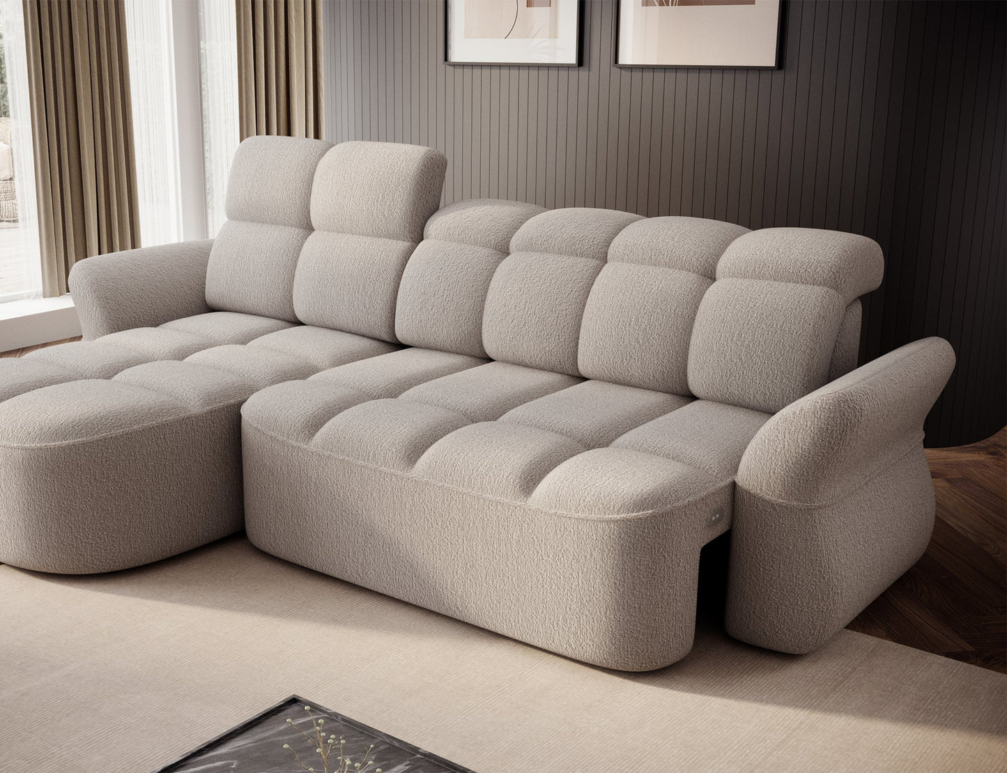 Beżowy narożnik L-kształtny lewy z funkcją spania, elektrycznym wysuwem siedziska i pojemnikiem na pościel