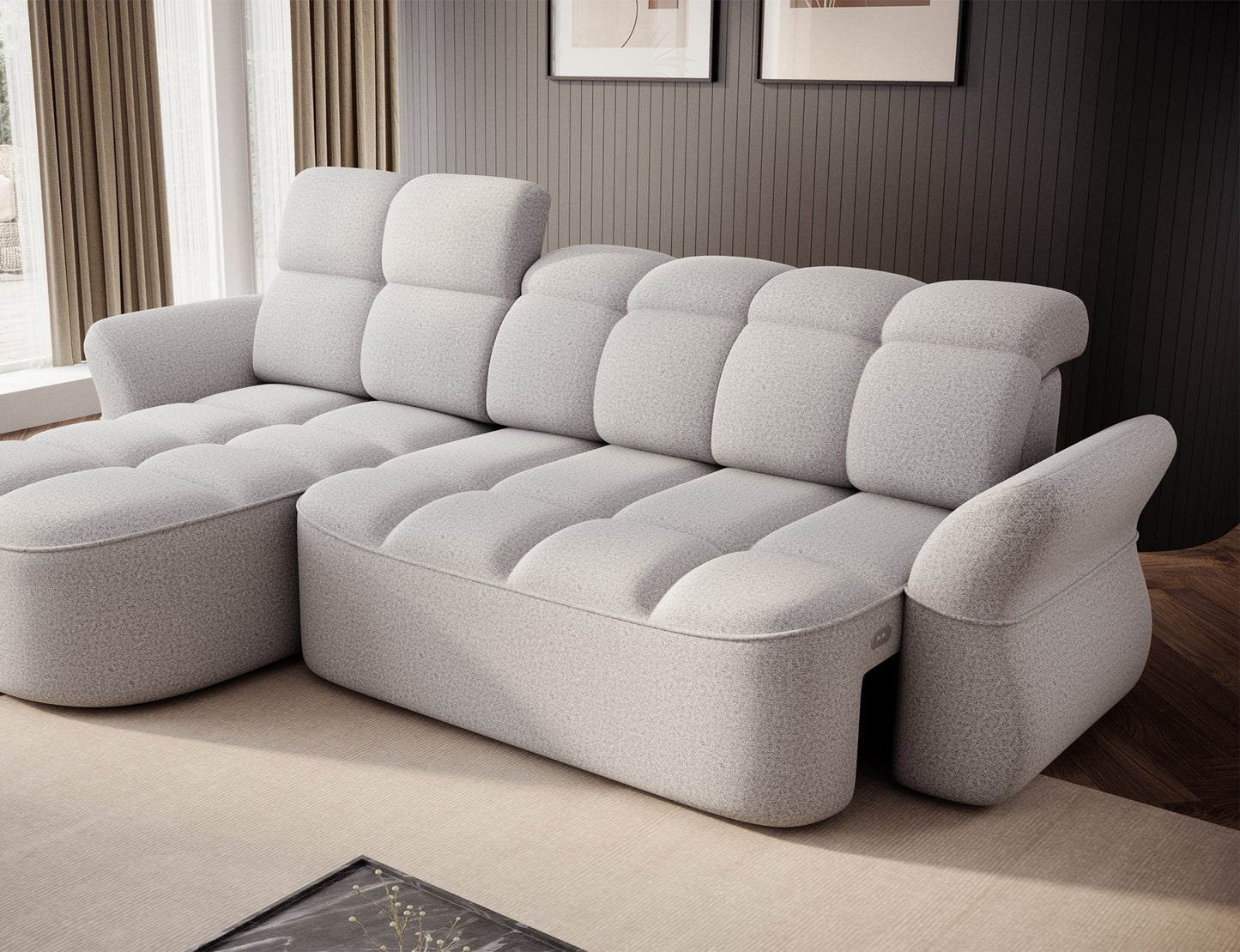 Szary narożnik L-kształtny lewy z funkcją spania, elektrycznym wysuwem siedziska i pojemnikiem na pościel