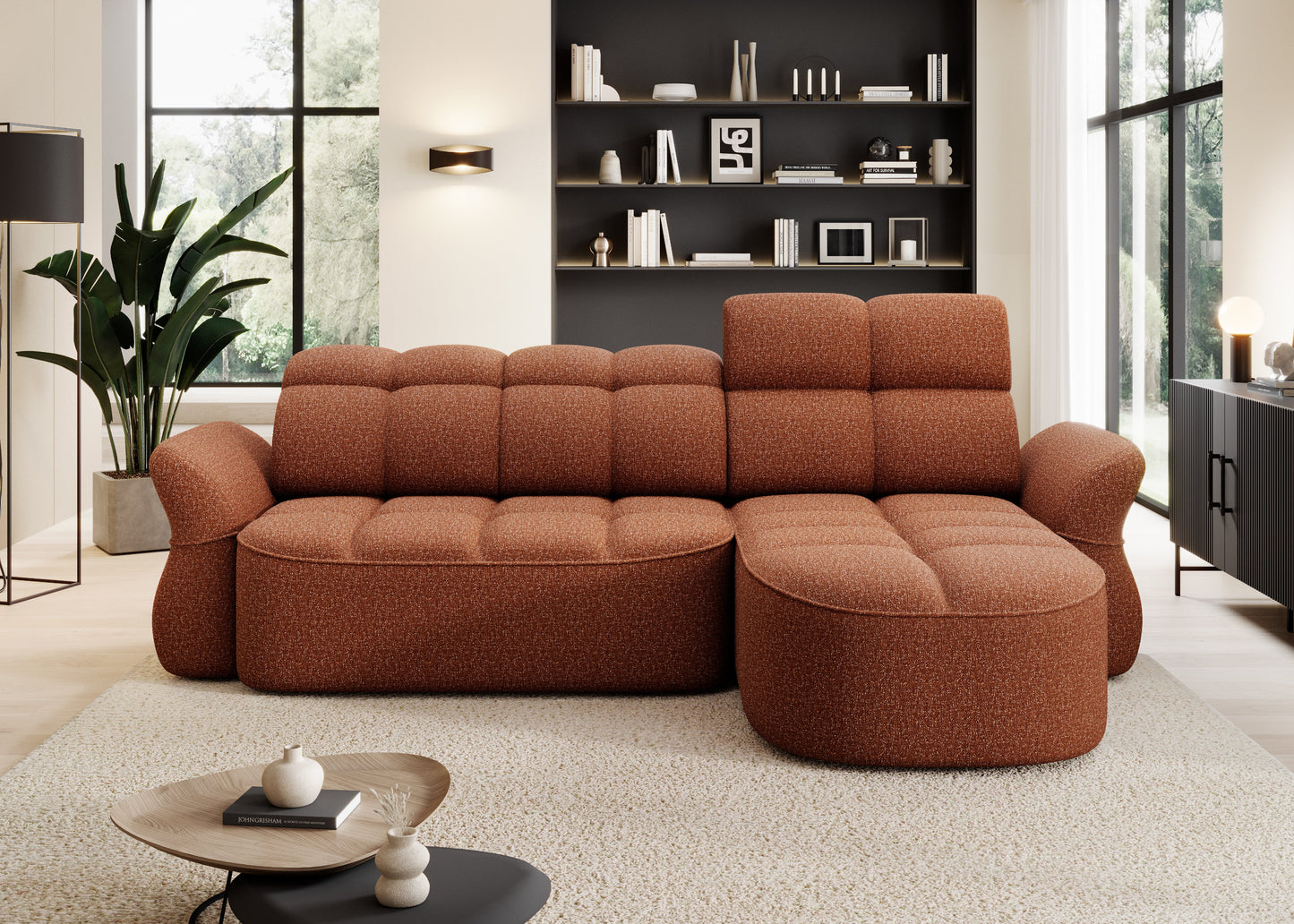 Ceglasty narożnik L-kształtny lewy z funkcją spania, elektrycznym wysuwem siedziska i pojemnikiem na pościel