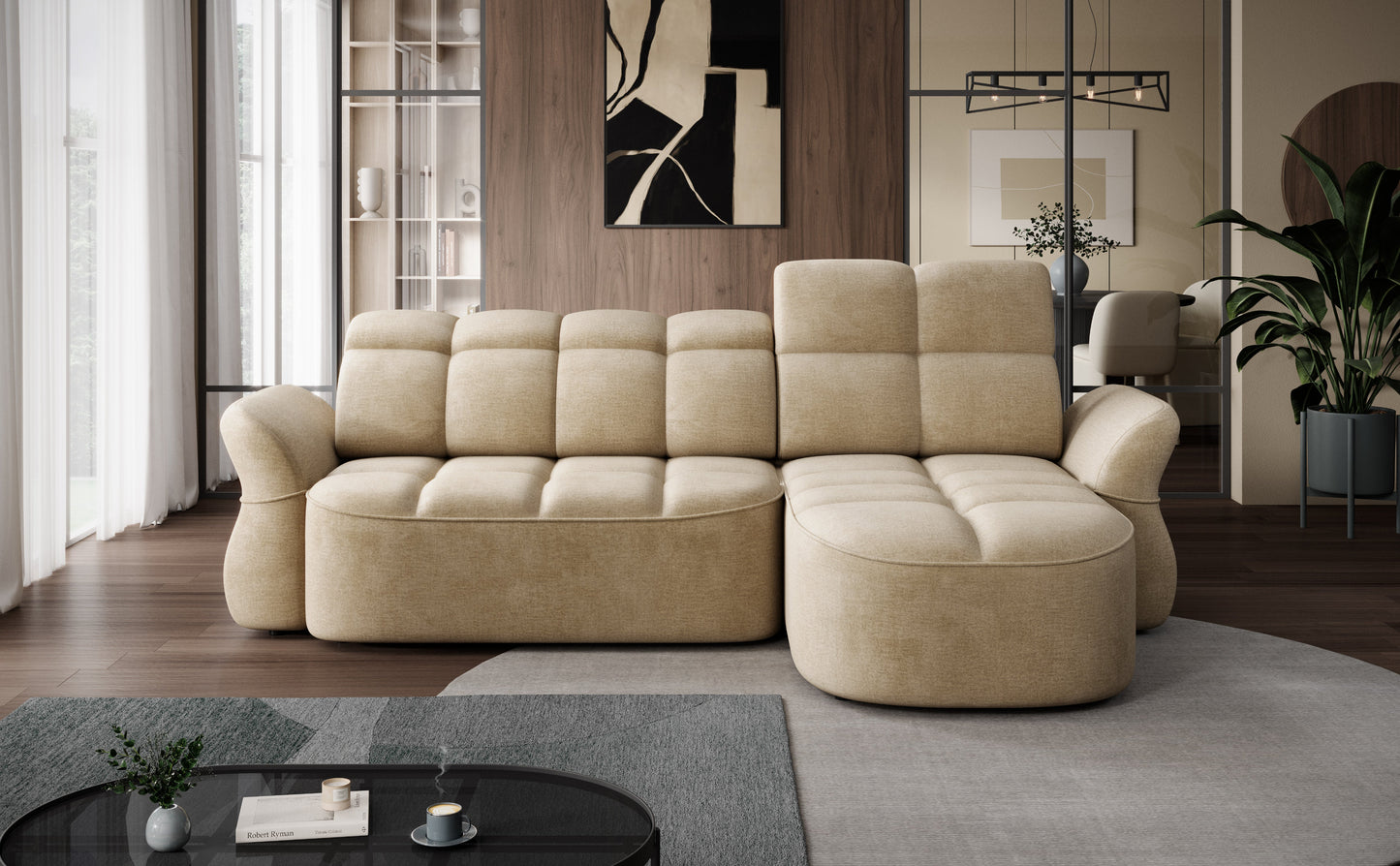 Beżowy narożnik L-kształtny prawy z funkcją spania, elektrycznym wysuwem siedziska i pojemnikiem na pościel