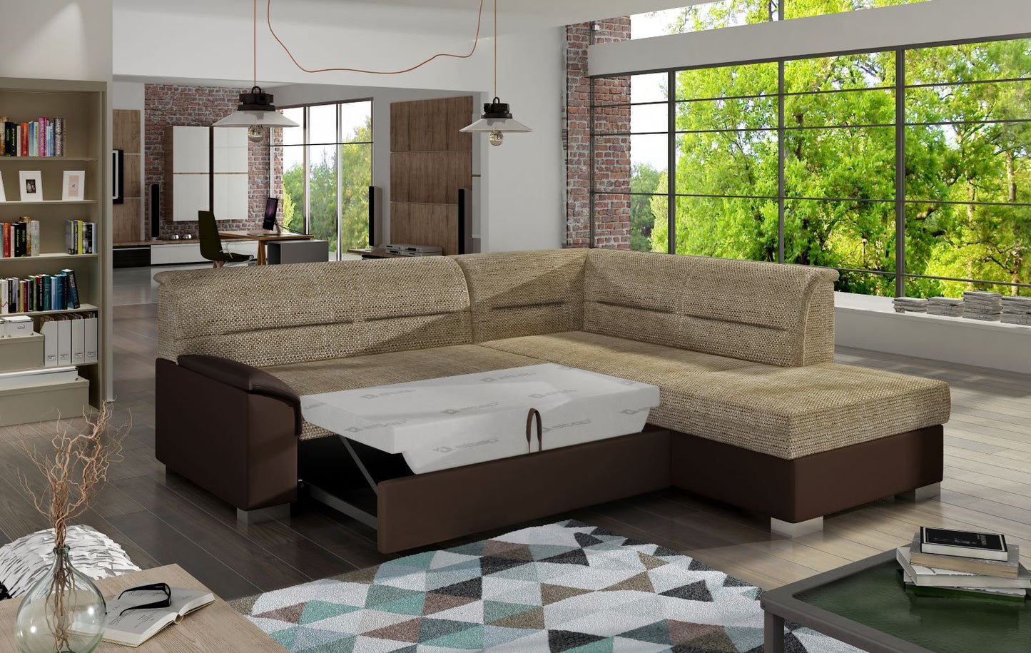 Narożnik Bergen w nowoczesnym wnętrzu, Berlin 03 ciemnobeżowy z brązowymi wstawkami Soft 66, widok z boku