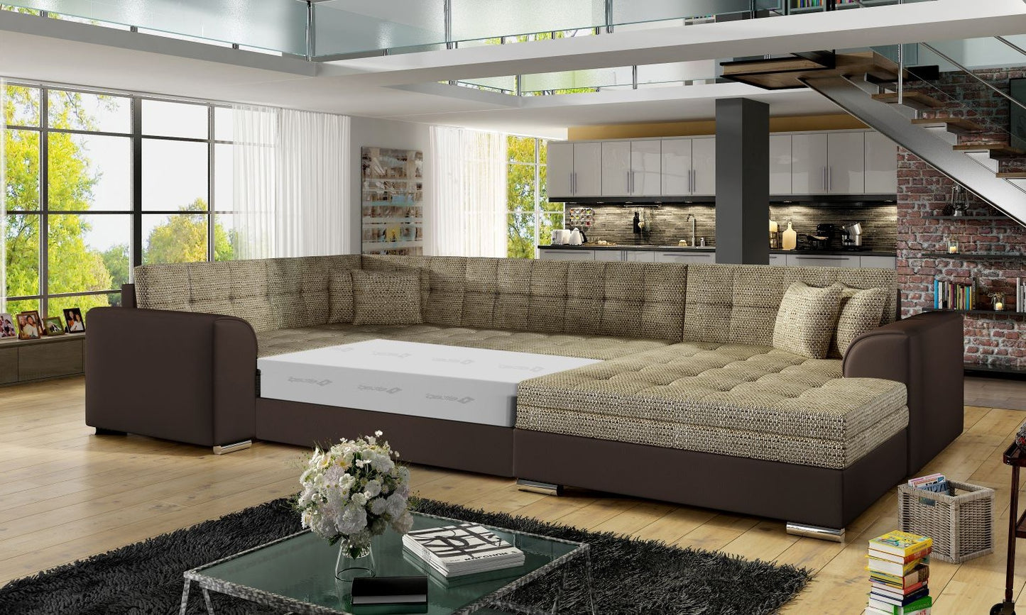 Narożnik Damario w kolorze ciemnobeżowym i brązowym z rozłożoną funkcją spania, prezentacja przestronnej powierzchni do nocnego wypoczynku.