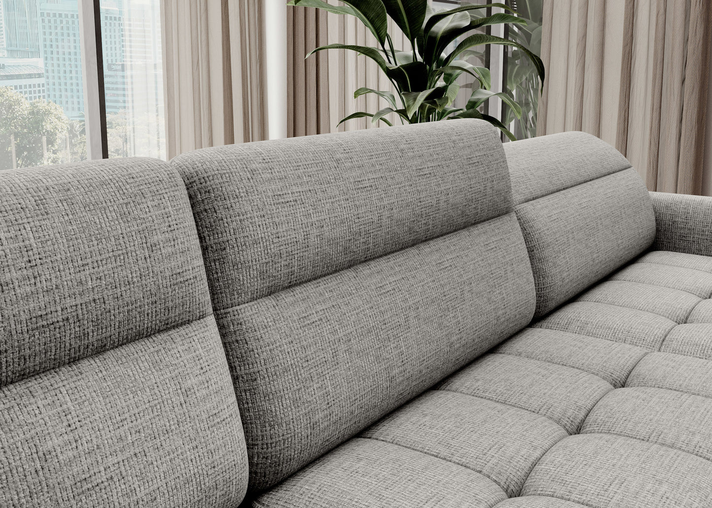 Zbliżenie tkaniny i przeszyć narożnika Berrto, materiał Aubron 04 jasnoszary