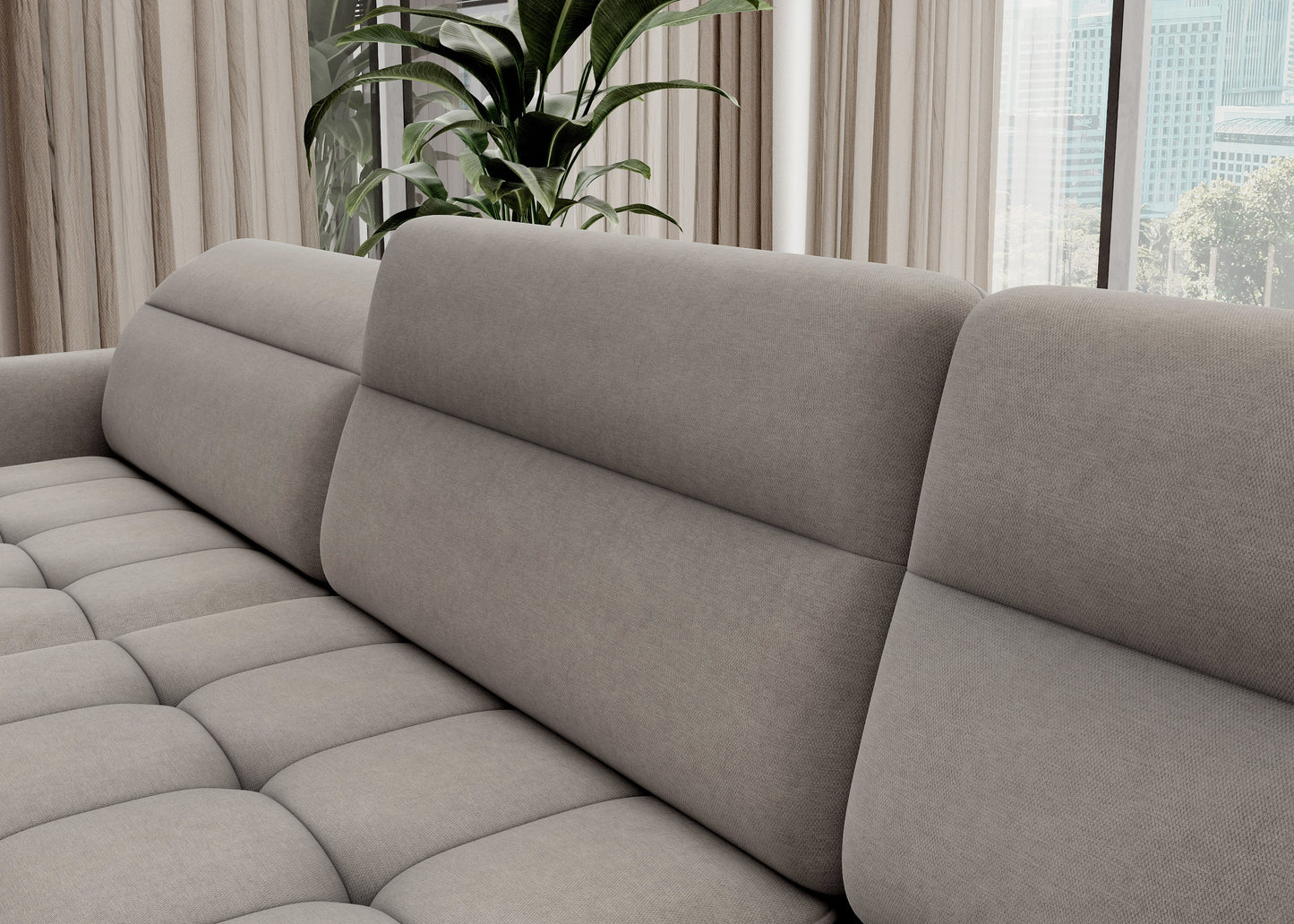 Narożnik z funkcją spania Berrto, jasnoszary Raquel 03 – zbliżenie tkaniny i przeszyć