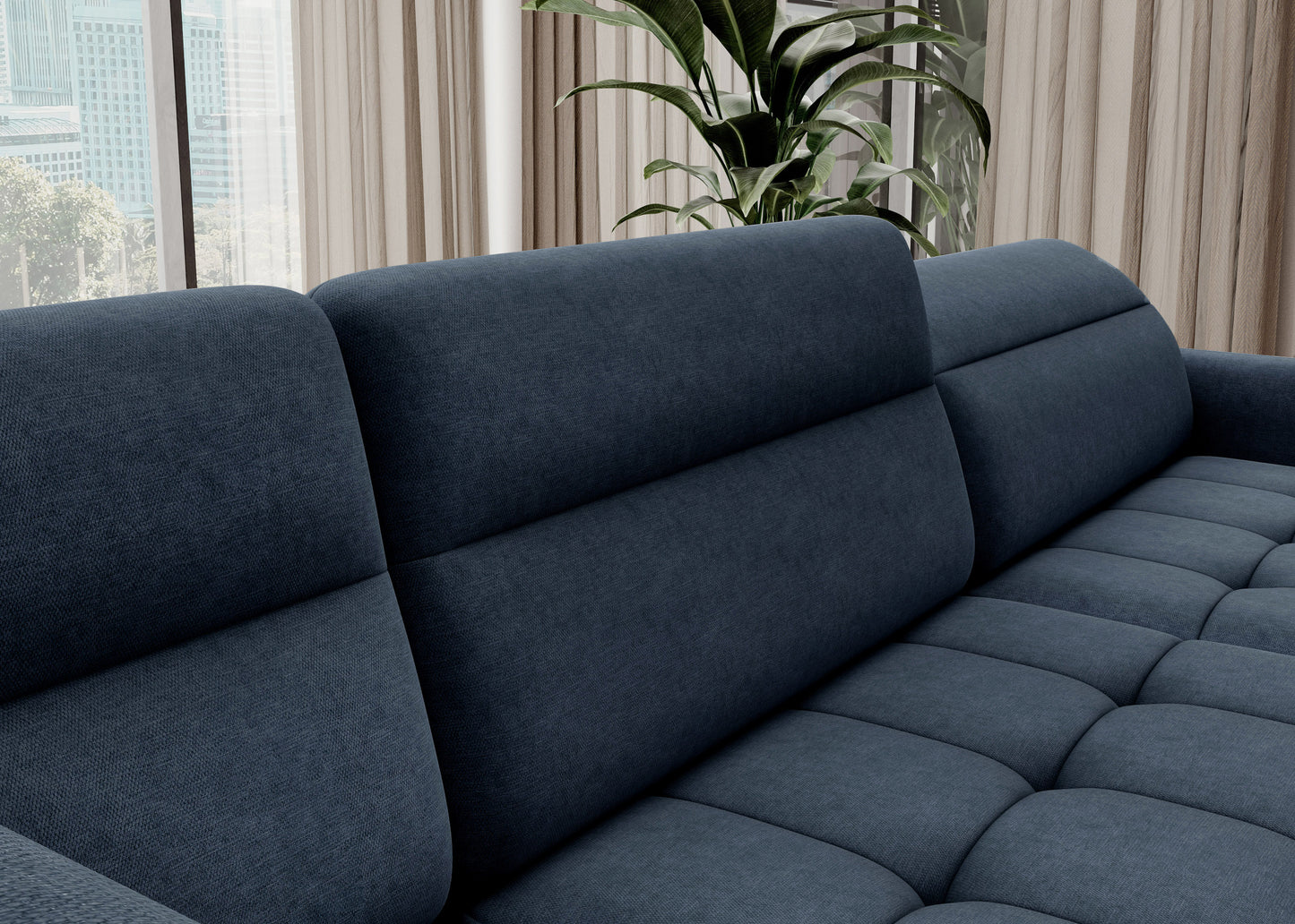 Zbliżenie tkaniny i przeszyć narożnika Berrto, materiał Raquel 40 niebieski