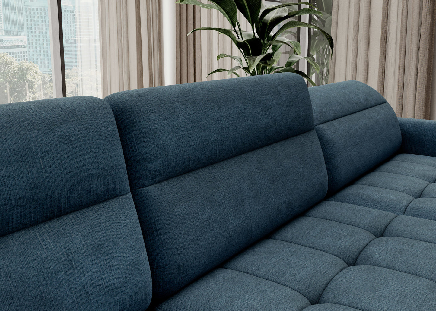 Zbliżenie tkaniny i przeszyć narożnika Berrto, materiał Toscany 40 niebieski