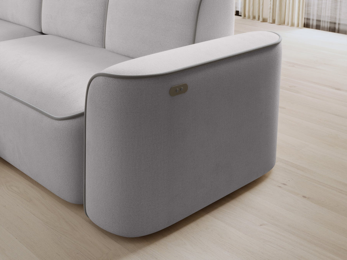 Lewy bok narożnika Ume Amore 03 beżowy z lamówką Paros 05 jasnoszarą z widocznym metalowym panelem sterowania.