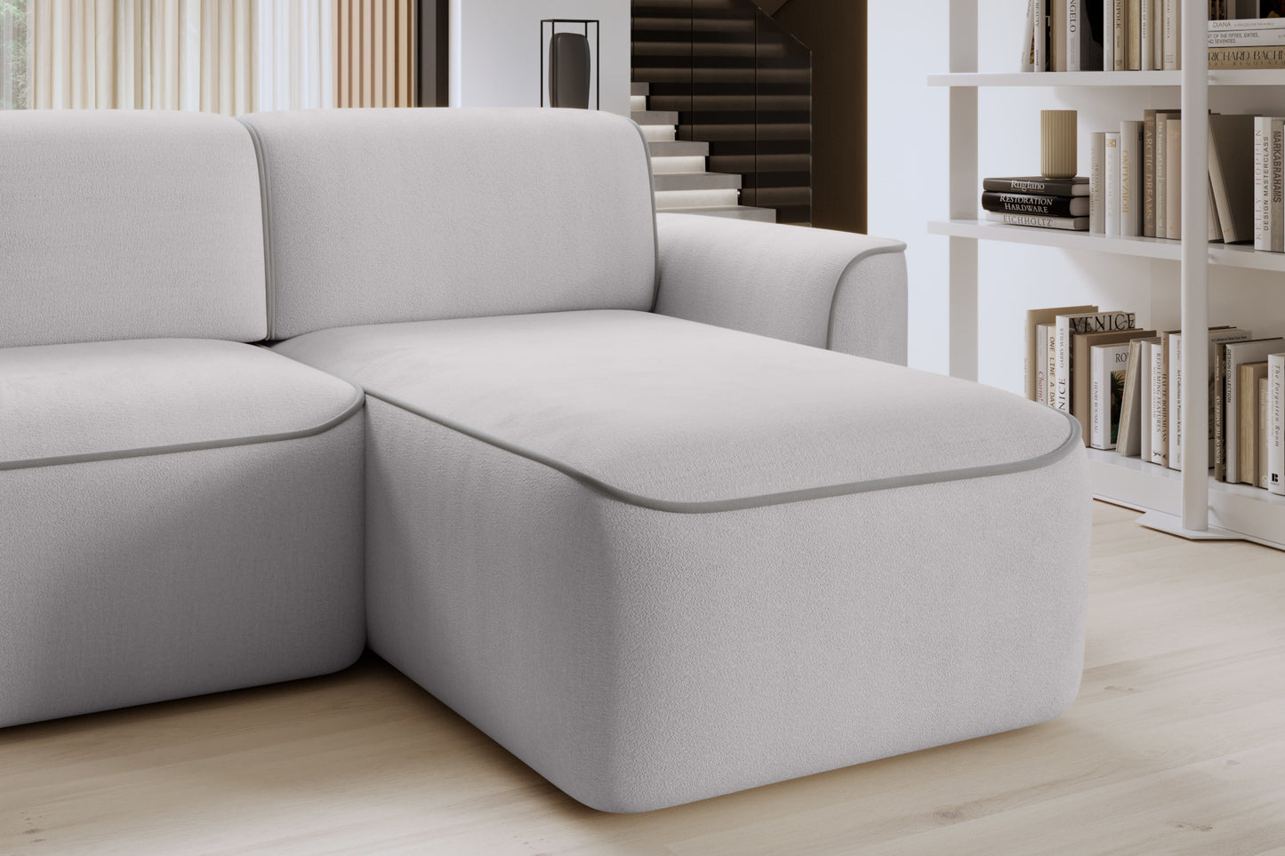 Szezlong narożnika Ume Amore 03 beżowy z lamówką Paros 05 jasnoszarą – detal miękkiego siedziska.