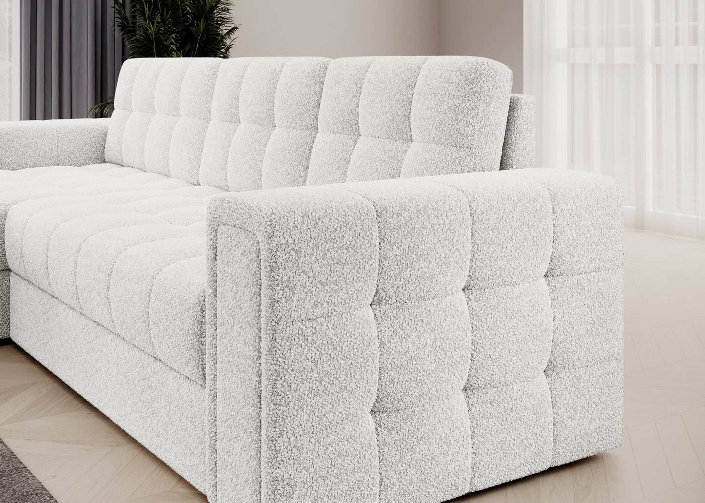 Bok i oparcie sofy narożnej Royal 01 biały – tapicerka bouclé, pikowane wykończenie i nowoczesna forma do eleganckiego wnętrza.