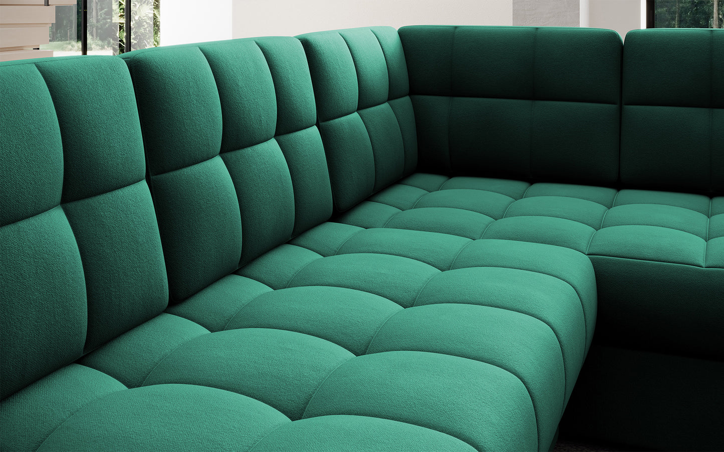 Pikowane siedzisko narożnika Blewett Lukso 35 zielony. Komfortowy i estetyczny detal w modnym stylu wypoczynkowym.