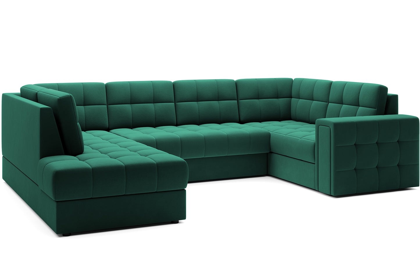Narożnik Blewett Lukso 35 zielony ustawiony na skos, prezentowany na białym tle. Nowoczesny design i eleganckie pikowanie.