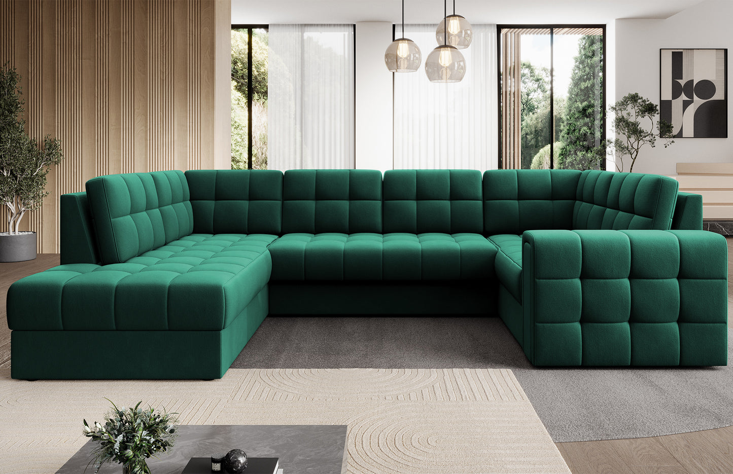 Narożnik Blewett Lukso 35 zielony w eleganckim salonie. Stylowy design, komfort i pikowana tapicerka w nowoczesnym, przytulnym wnętrzu.