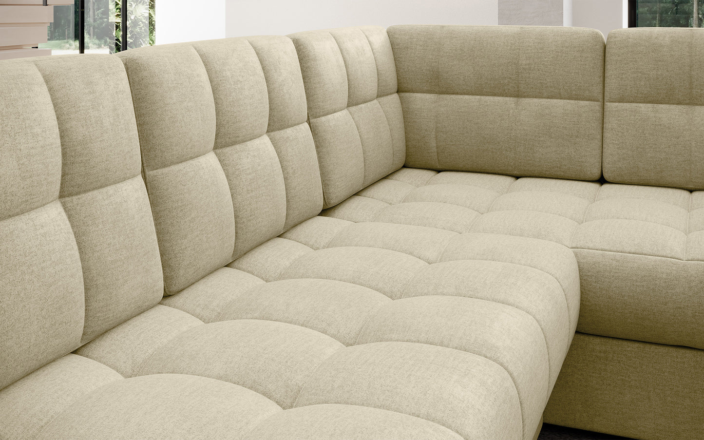 Pikowane siedzisko narożnika Blewett Monolith 04 jasnobeżowy. Komfortowy i estetyczny detal w modnym stylu wypoczynkowym.