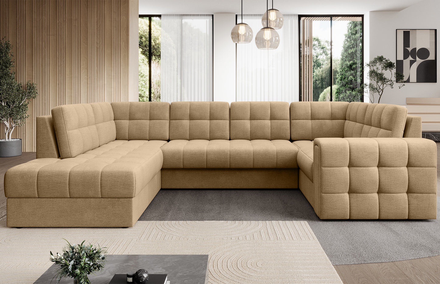 Narożnik Blewett jasnobrązowy w eleganckim salonie z kominkiem. Pikowana tapicerka i nowoczesny design tworzą przytulną i stylową przestrzeń.