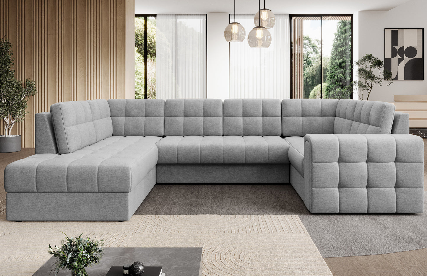 Narożnik Blewett Monolith 85 szary w eleganckim salonie. Stylowy design, komfort i pikowana tapicerka w nowoczesnym, przytulnym wnętrzu.