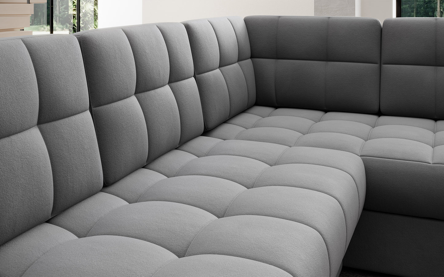 Pikowane siedzisko narożnika Blewett Sola 04 jasnoszary. Komfortowy i estetyczny detal w modnym stylu wypoczynkowym.