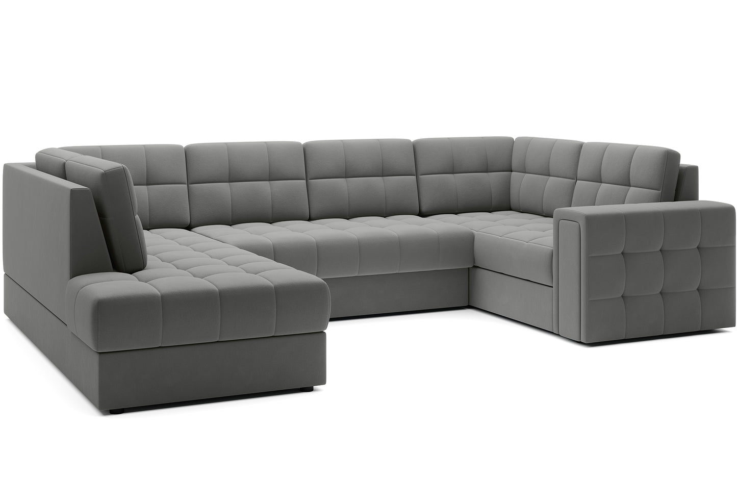 Narożnik Blewett Sola 04 jasnoszary ustawiony na skos, prezentowany na białym tle. Nowoczesny design i eleganckie pikowanie.