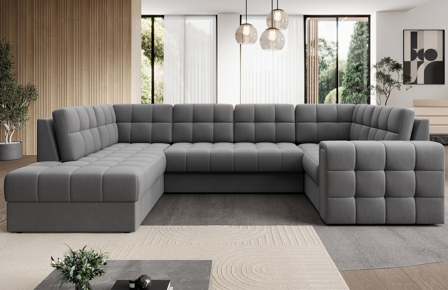 Narożnik Blewett Sola 04 jasnoszary w eleganckim salonie. Stylowy design, komfort i pikowana tapicerka w nowoczesnym, przytulnym wnętrzu.