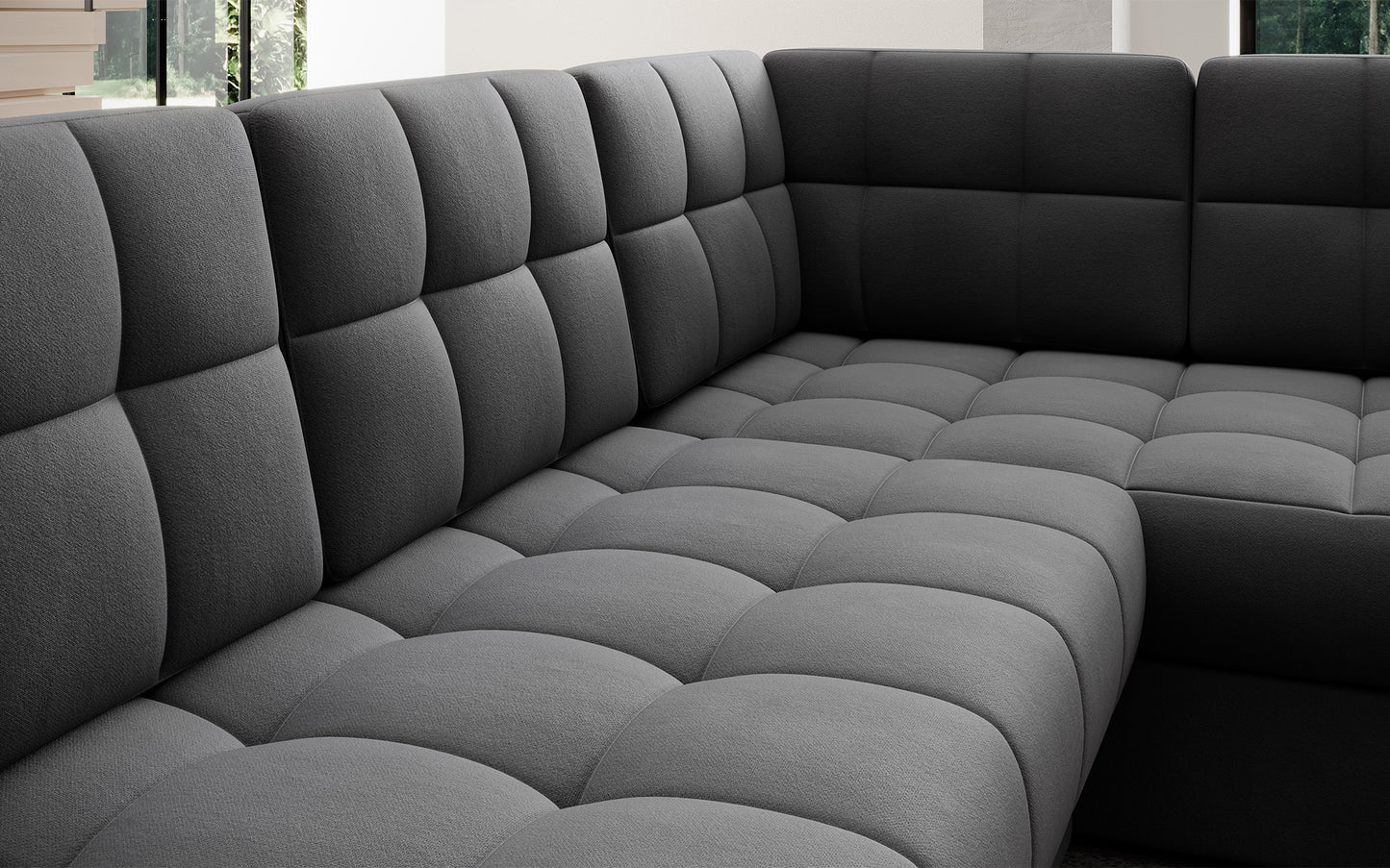 Pikowane siedzisko narożnika Blewett Sola 06 szary. Komfortowy i estetyczny detal w modnym stylu wypoczynkowym.