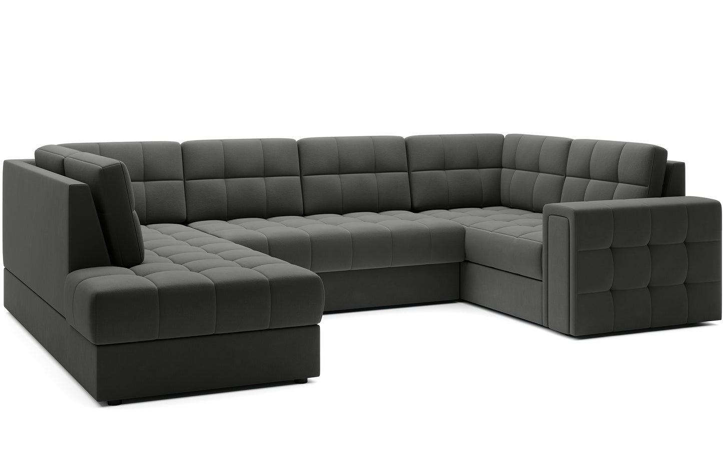 Narożnik Blewett Sola 06 szary ustawiony na skos, prezentowany na białym tle. Nowoczesny design i eleganckie pikowanie.