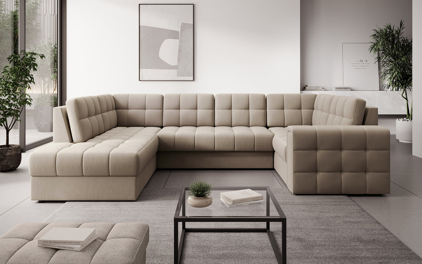 Narożnik Blewett Sola 18 beżowy w eleganckim salonie. Stylowy design, komfort i pikowana tapicerka w nowoczesnym, przytulnym wnętrzu.