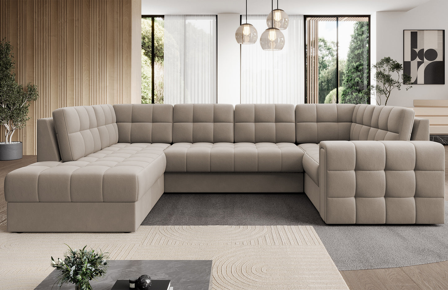 Narożnik Blewett Sola 18 jasnobeżowy w stylowej aranżacji z roślinami i grafiką. Komfortowy mebel, który nadaje salonowi elegancji i przytulności.