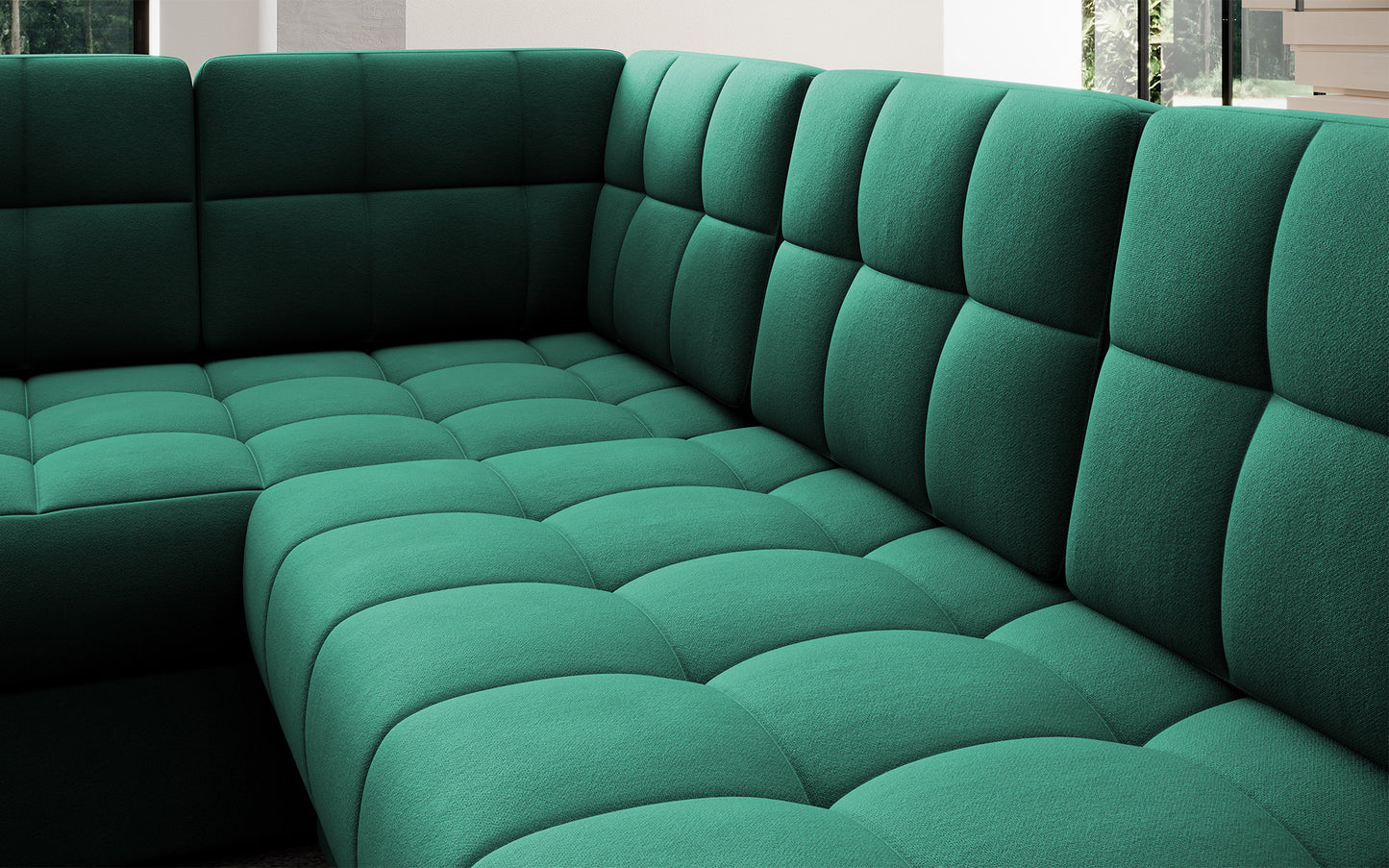 Pikowane siedzisko narożnika w wersji prawej Blewett Lukso 35 zielony. Komfortowy i estetyczny detal w modnym stylu wypoczynkowym.