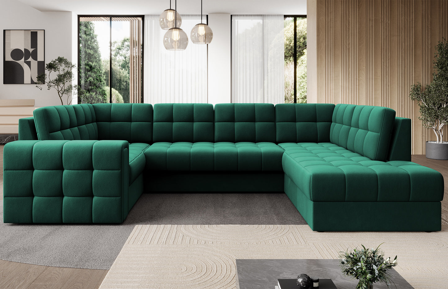 Narożnik w wersji prawej Blewett Lukso 35 zielony w eleganckim salonie. Stylowy design, komfort i pikowana tapicerka w nowoczesnym, przytulnym wnętrzu.