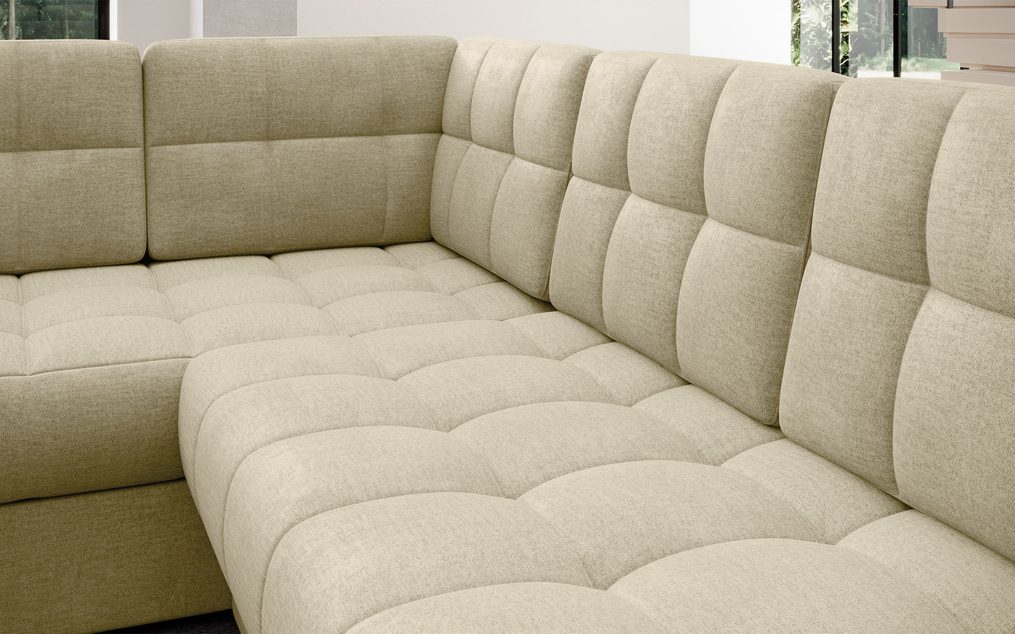 Pikowane siedzisko narożnika w wersji prawej Blewett Monolith 04 jasnobeżowy. Komfortowy i estetyczny detal w modnym stylu wypoczynkowym.