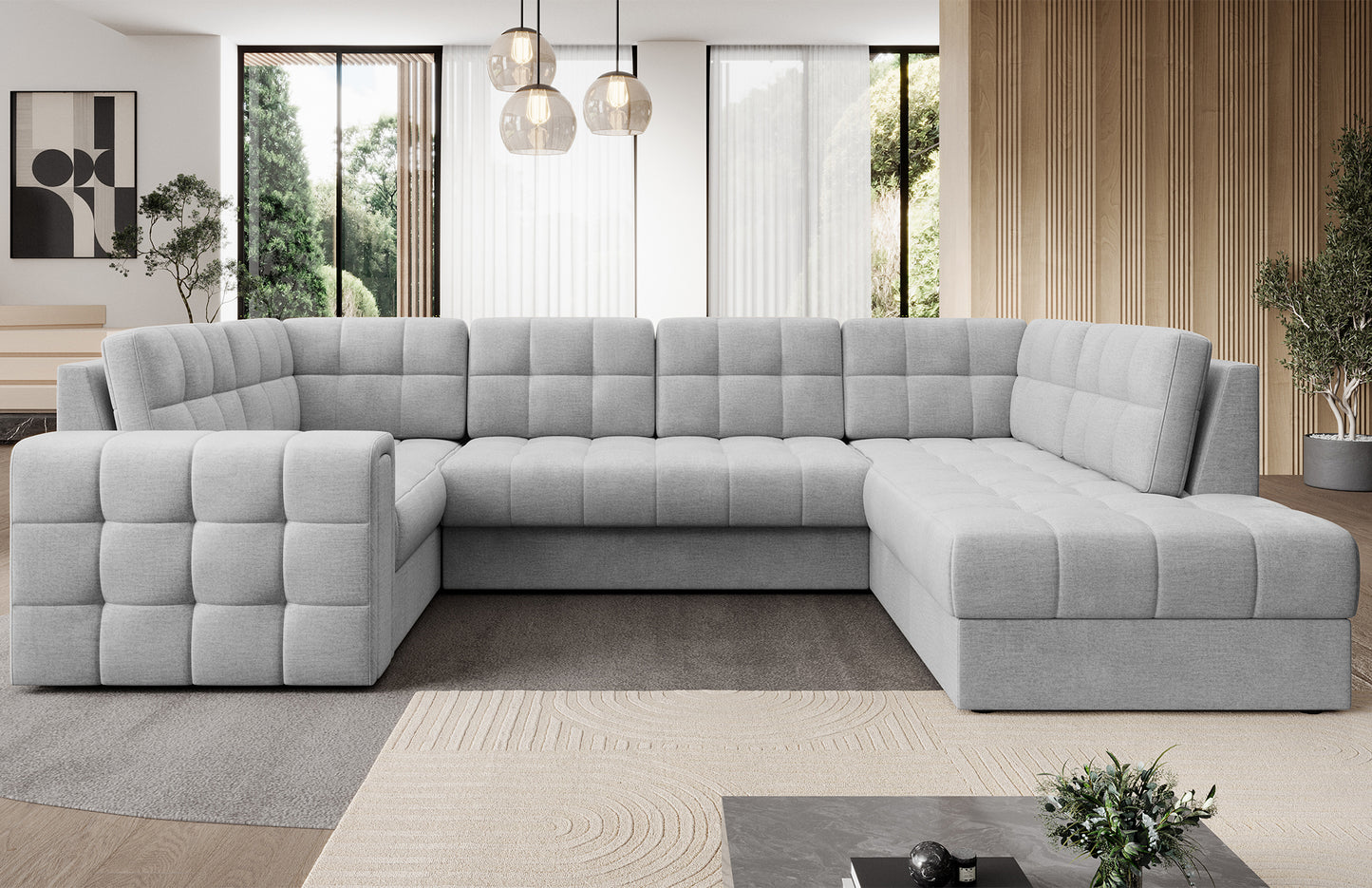 Narożnik w wersji prawej Blewett Monolith 84 jasnoszary w eleganckim salonie. Stylowy design, komfort i pikowana tapicerka w nowoczesnym, przytulnym wnętrzu.